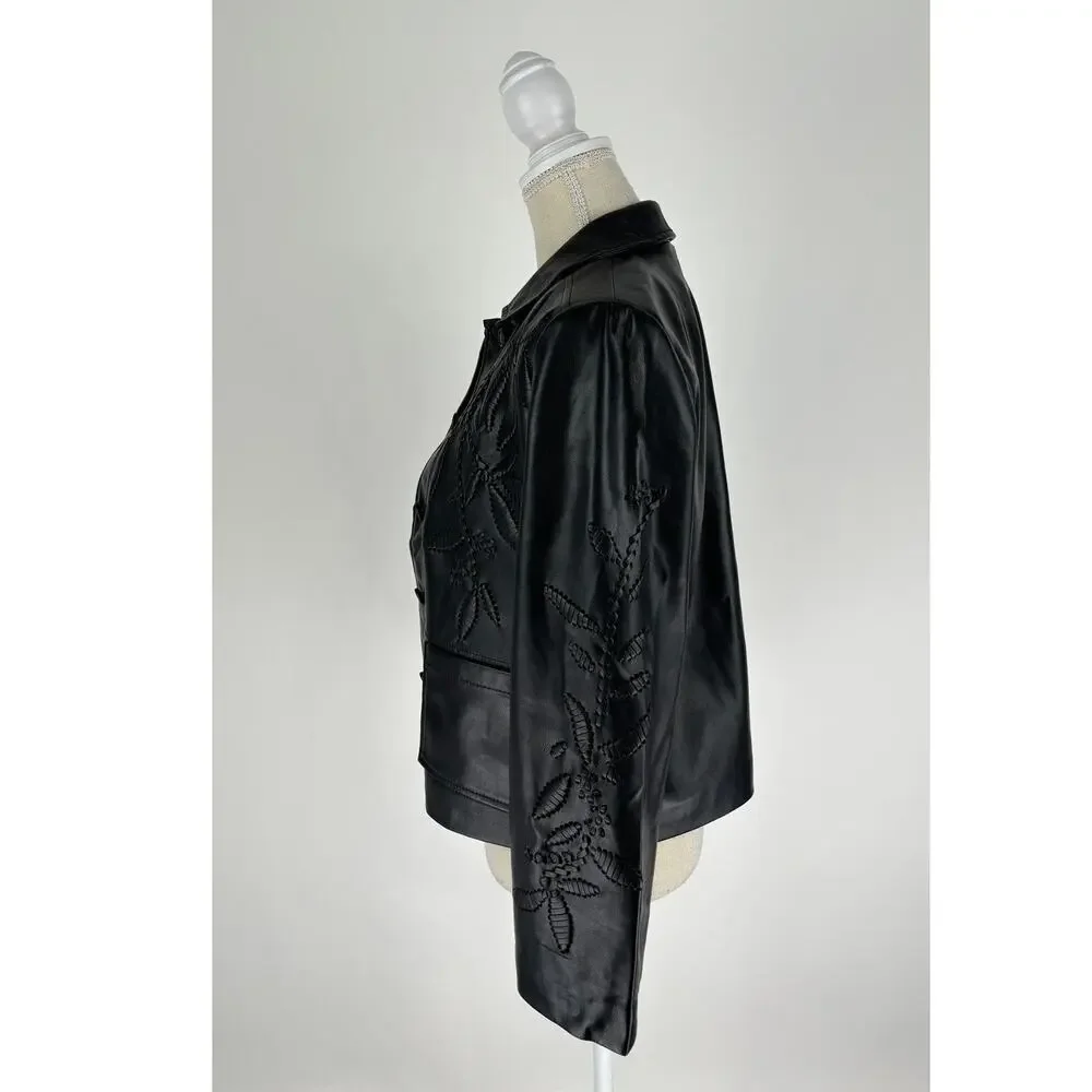 Chicos Womens Black Cutwork Faux Leather Jacket Size 8 Chicos 1 New Long Sleeve